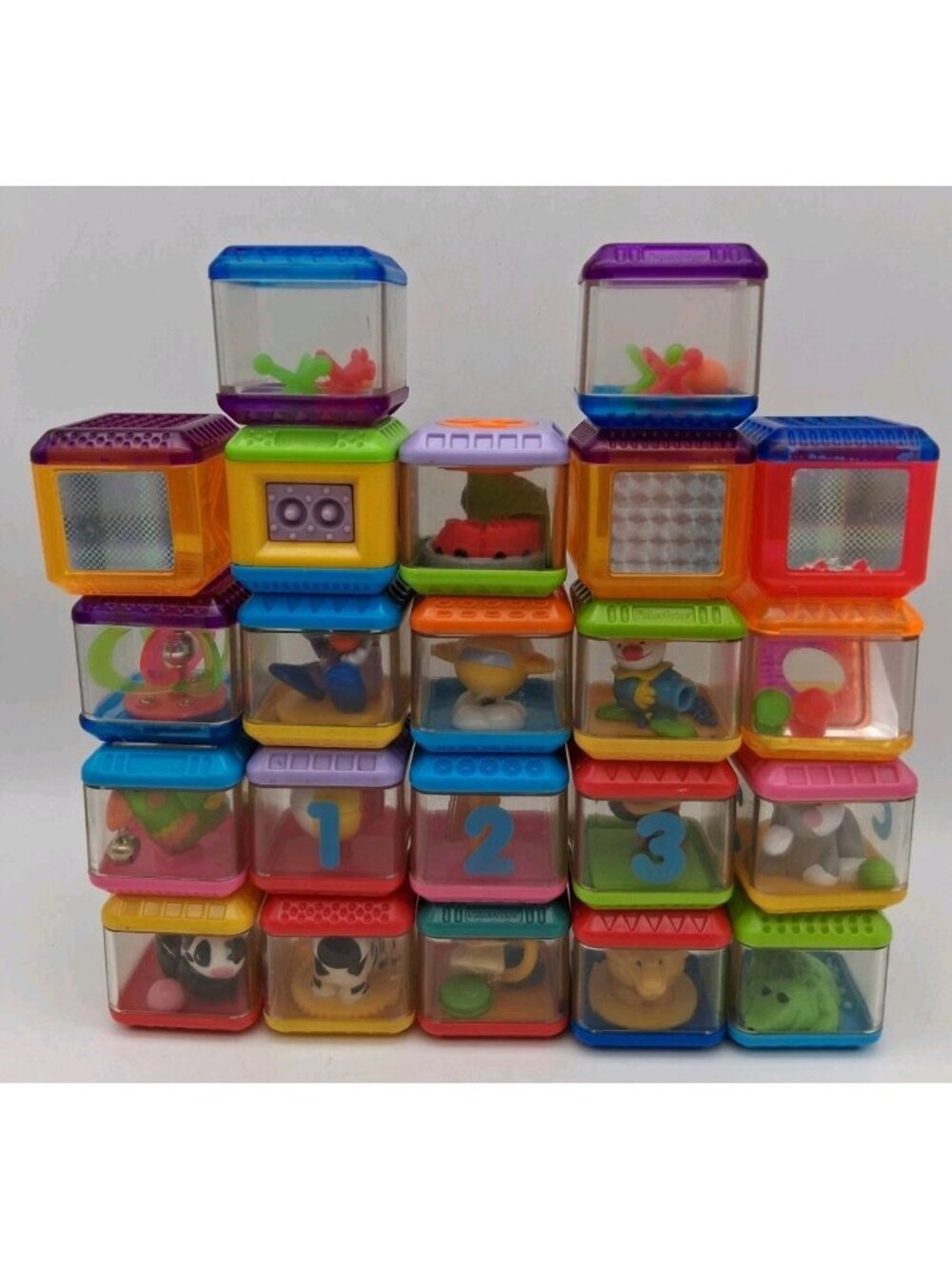 Lot Of 22 Fisher Price Peek A Boo Sensory Blocks Animals Clowns Plane Train